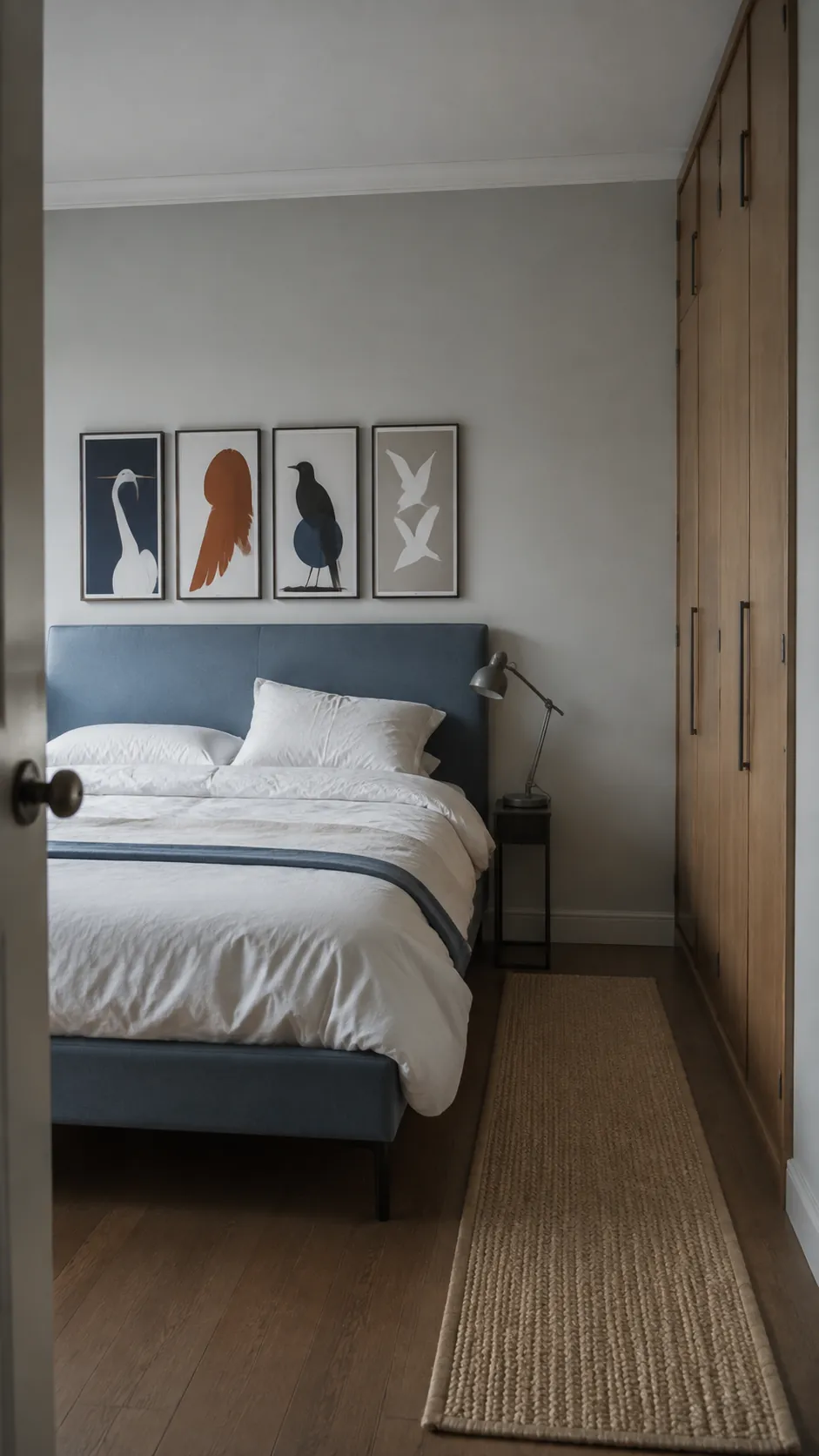 A gallery centered on an off center bed
