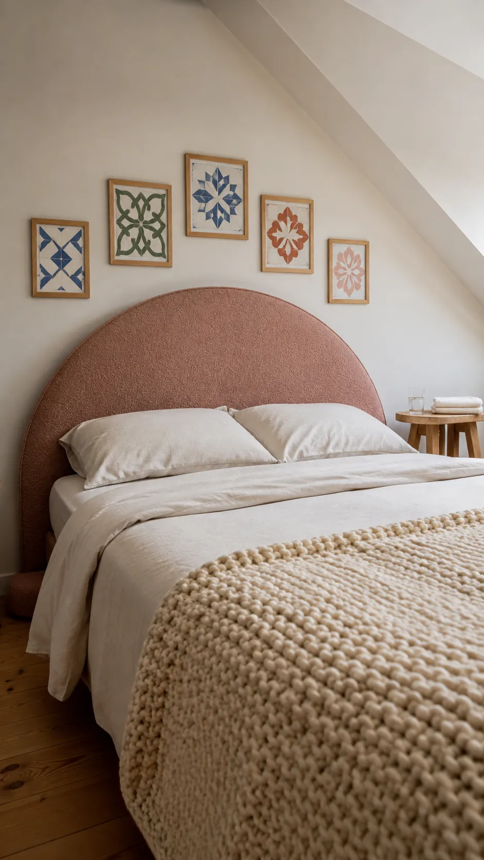 A soft arch of pictures above a curved headboard