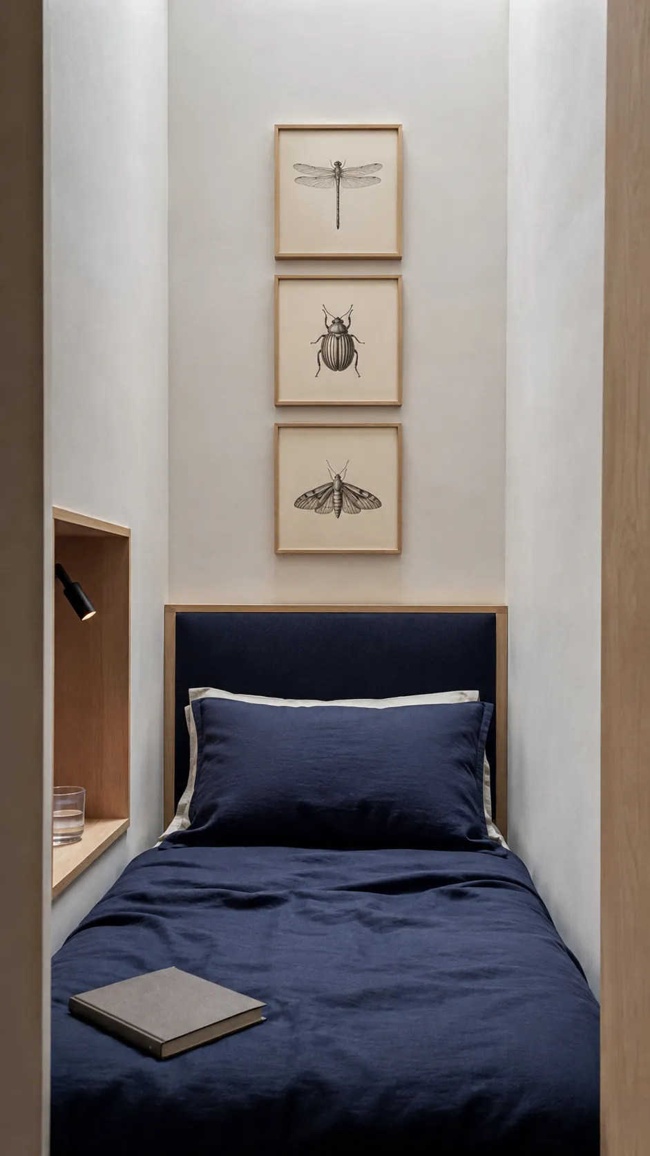A narrow vertical stack for a compact sleeping nook