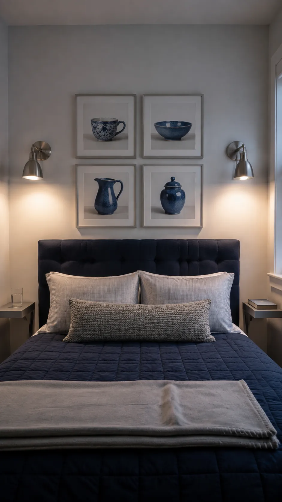 A small gallery between bedside sconces