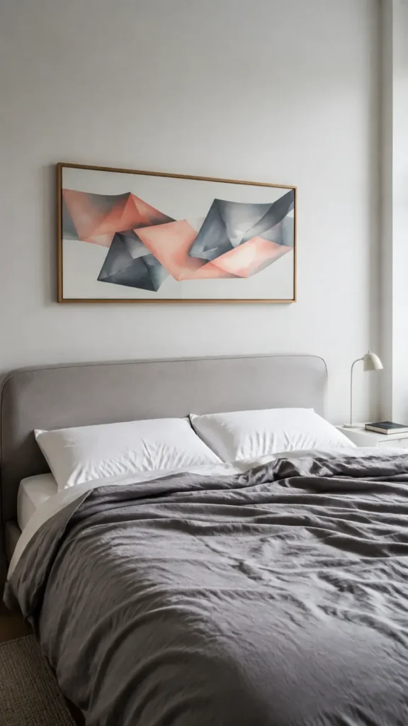 Pale abstract painting above a gray upholstered bed in a bright apartment bedroom