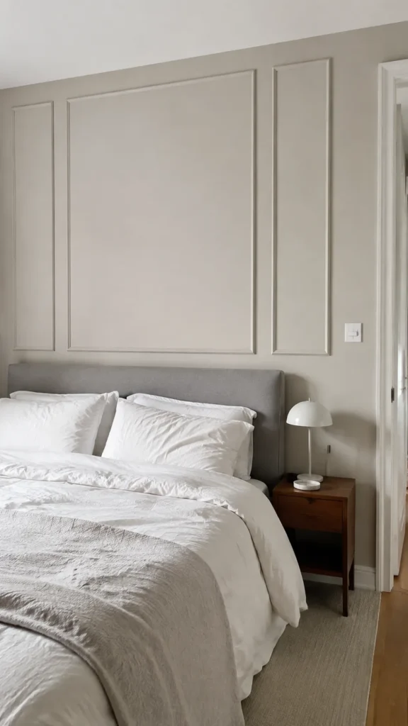 Greige molding panels behind a linen headboard in a modest bedroom