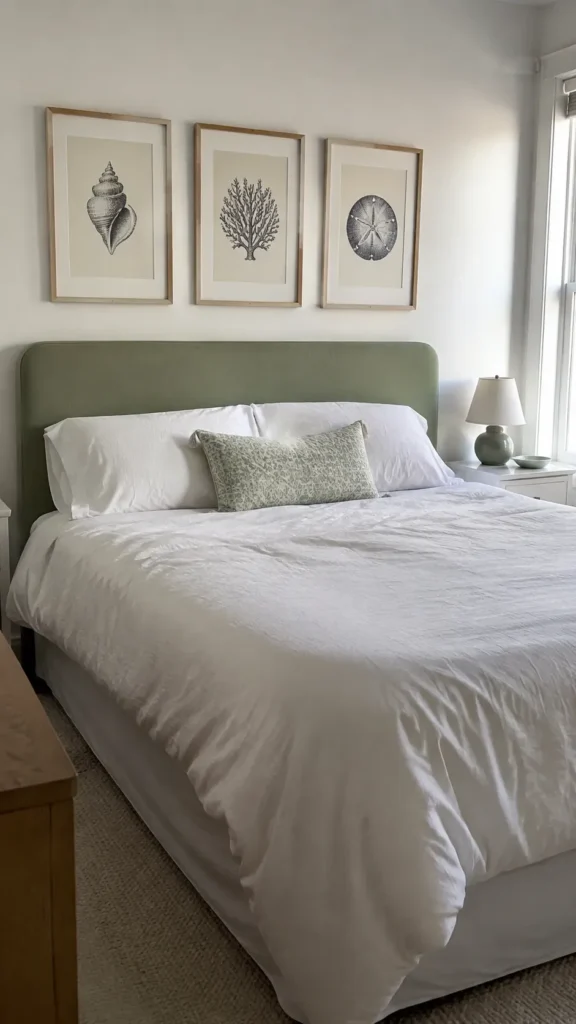 Three framed marine specimen prints above a sage bedroom headboard