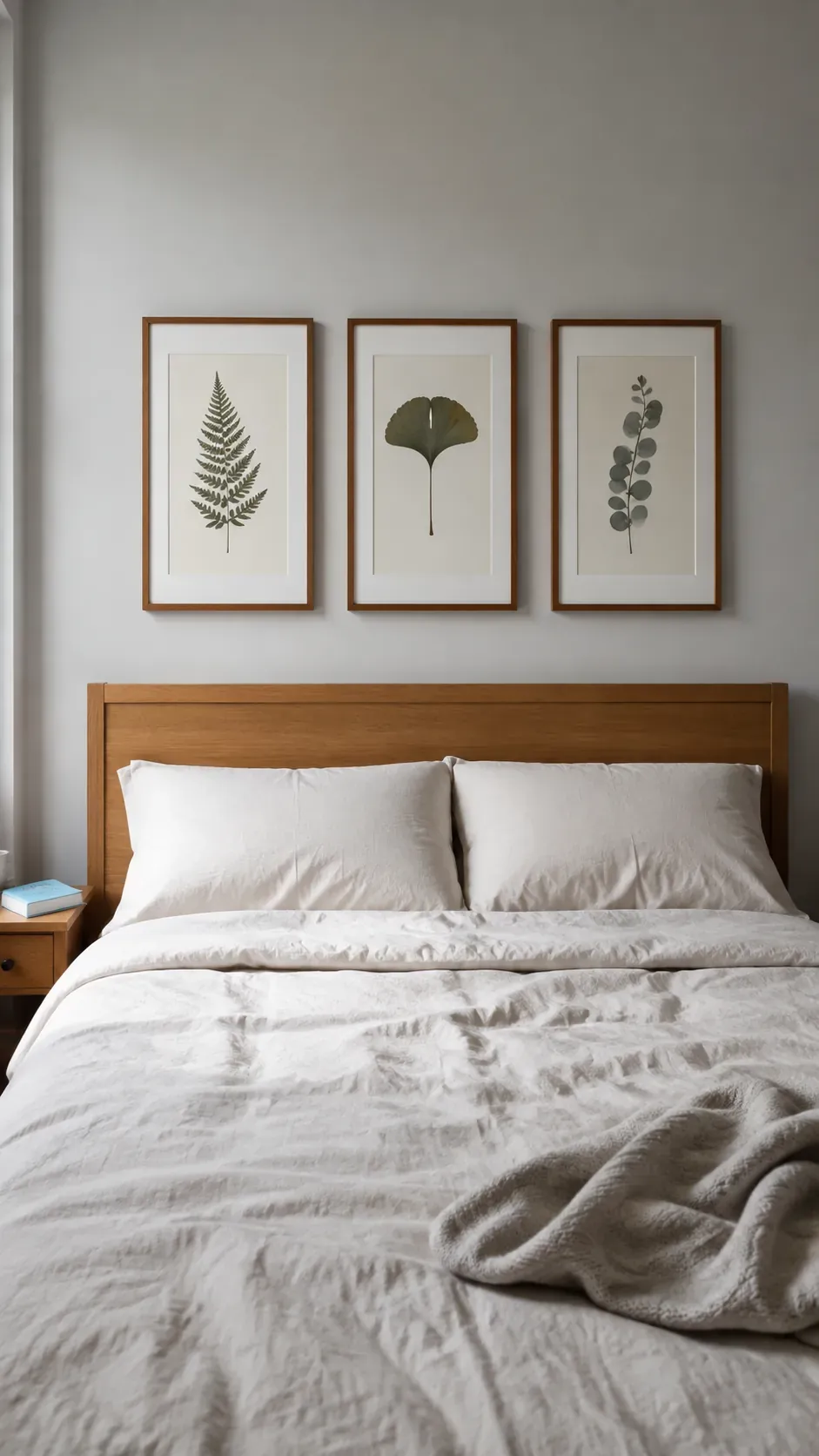 Three botanical prints centered as one group above a wooden headboard