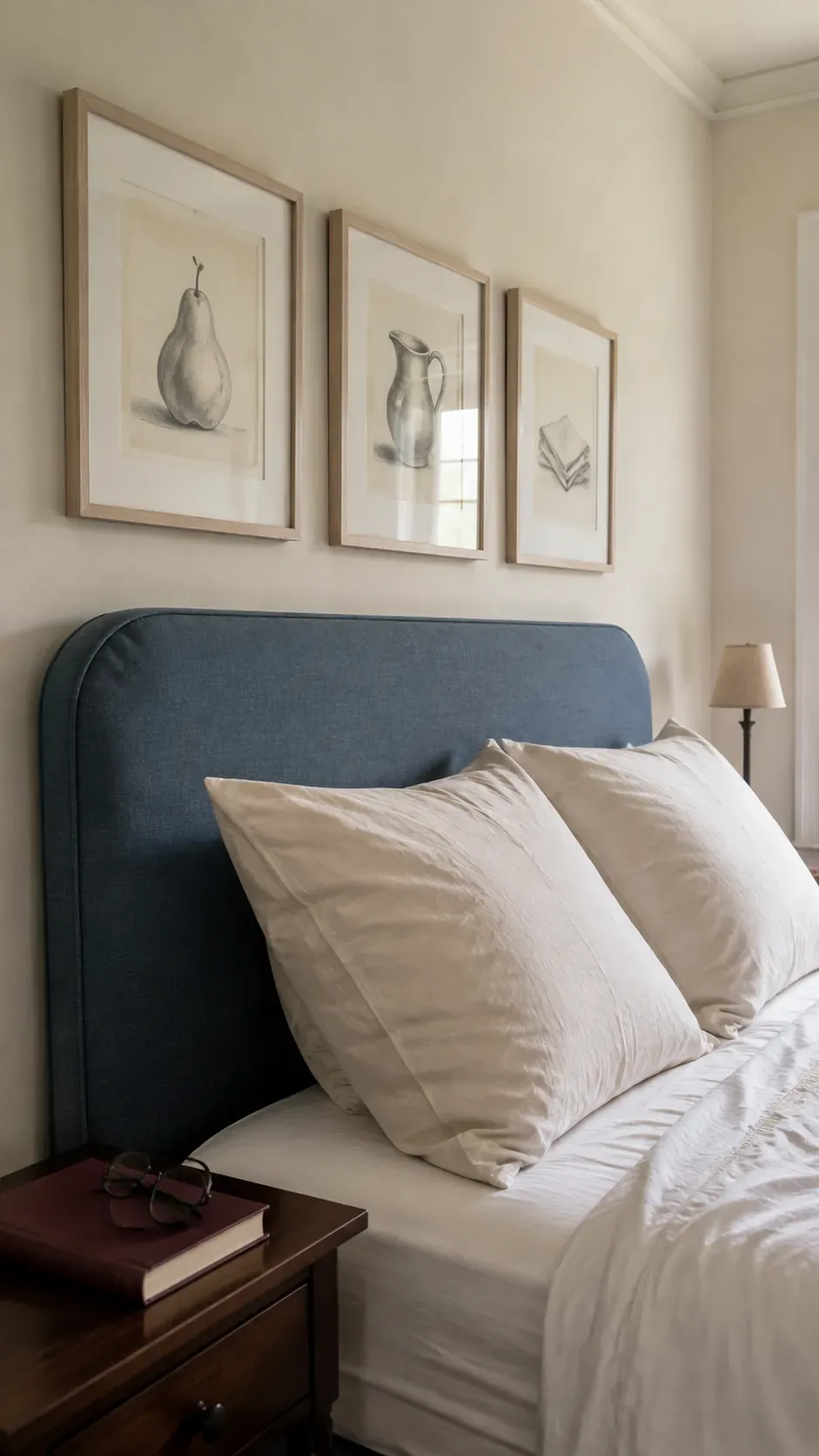 Side view showing clearance between pictures and a tall upholstered headboard