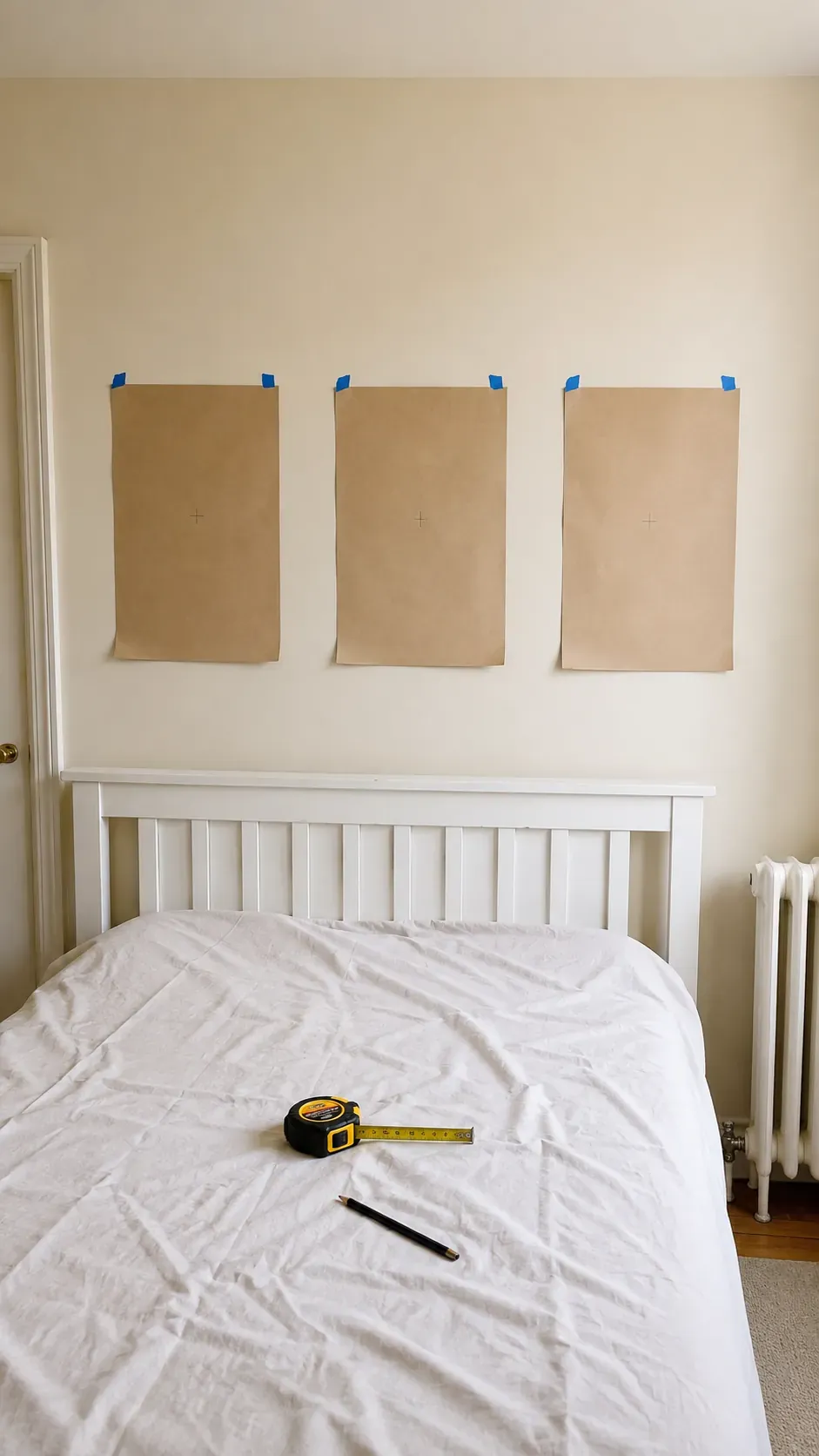 Three full size paper templates positioned above a compact bed