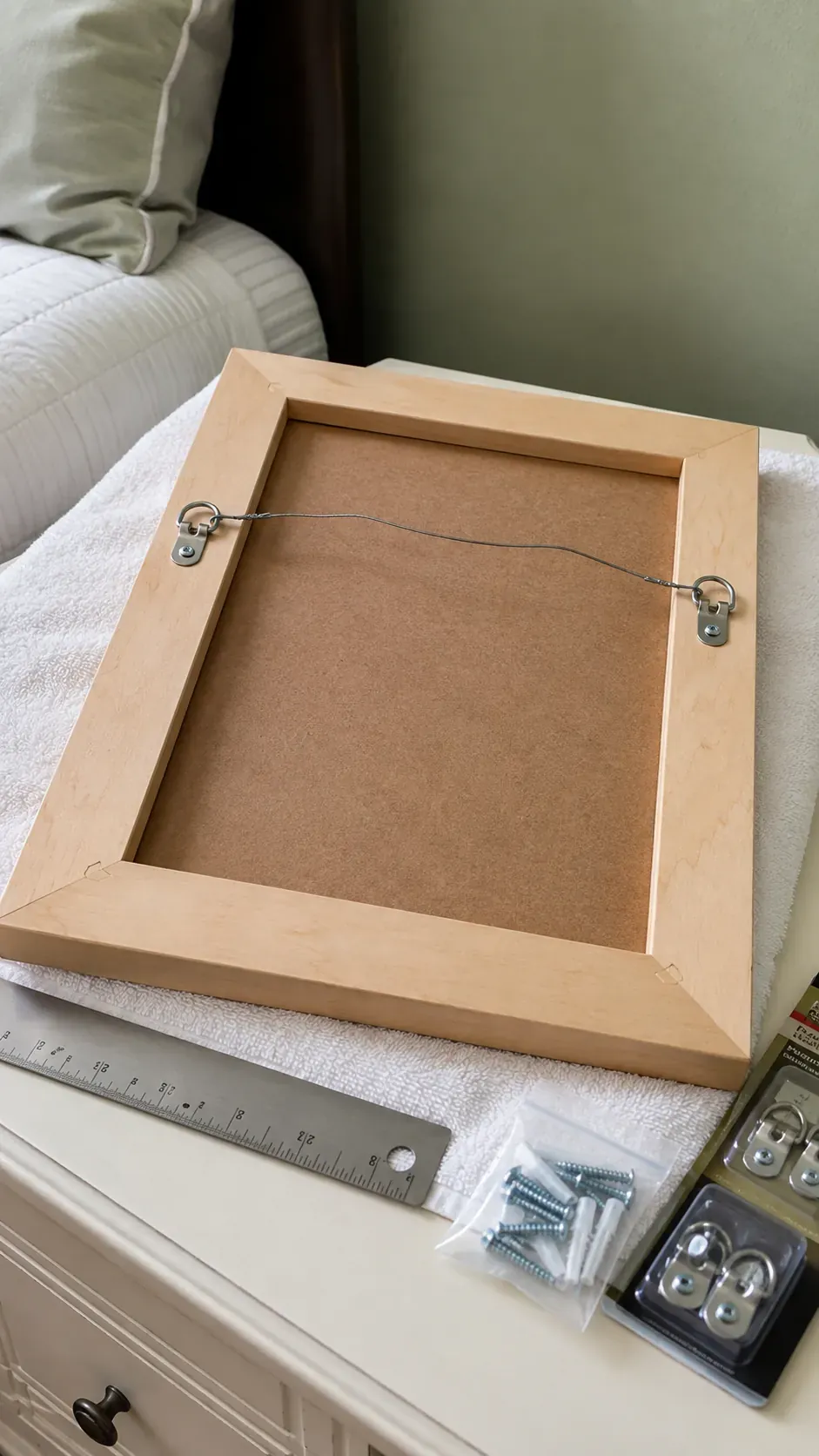 Picture frame backing and wall appropriate hanging hardware prepared beside a bed