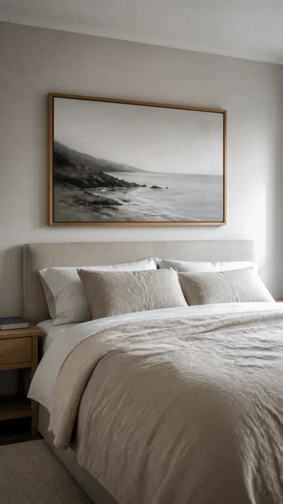 Large framed shoreline painting above an oatmeal bedroom headboard