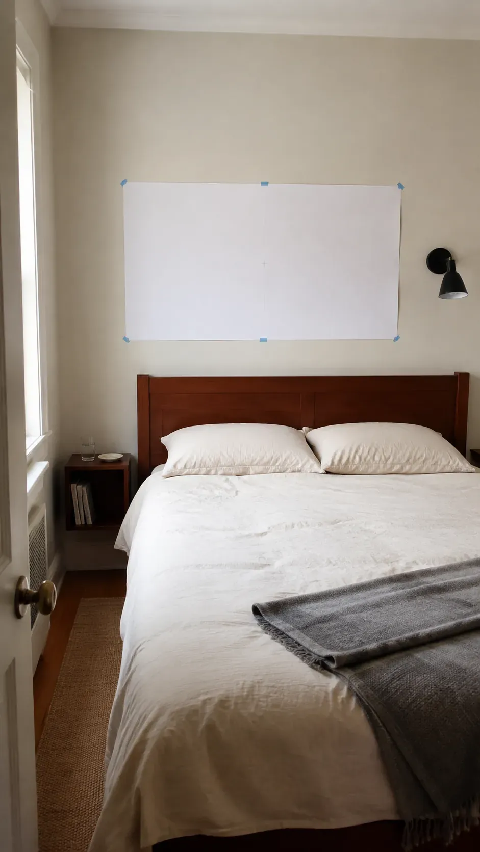 Wide paper outline sized above a wooden bed with surrounding wall clearance