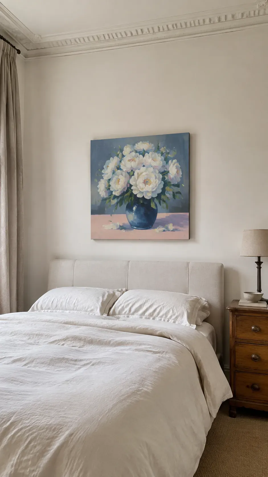 Square floral canvas above a low headboard in a high ceiling bedroom