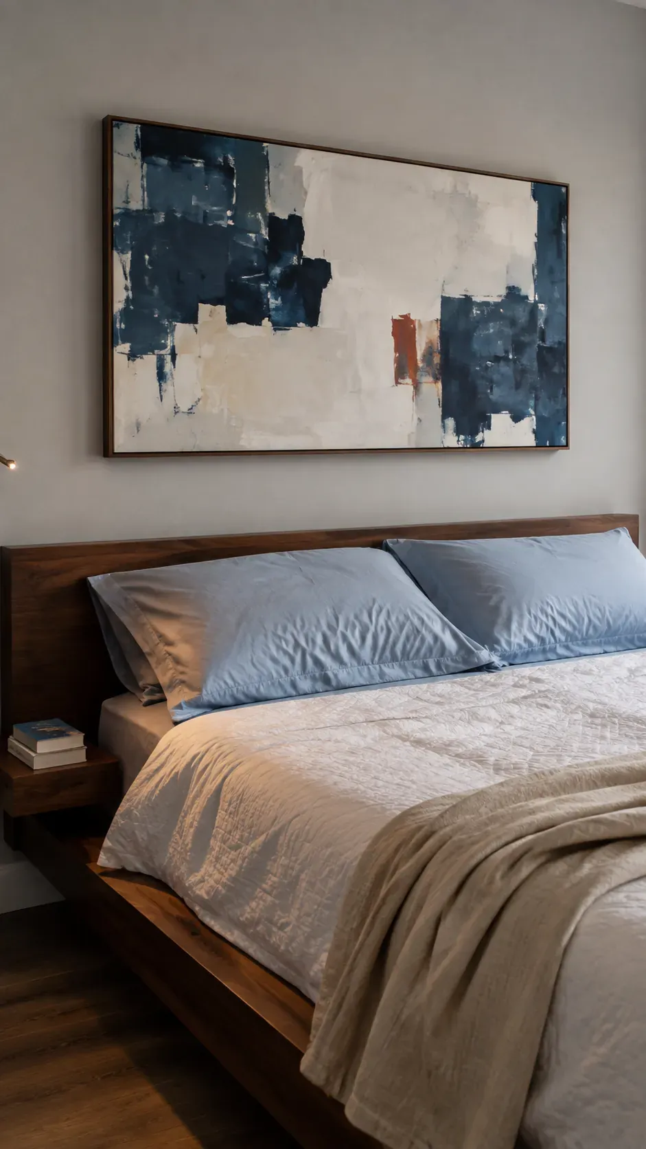 Large blue abstract painting connected to the bedroom colours