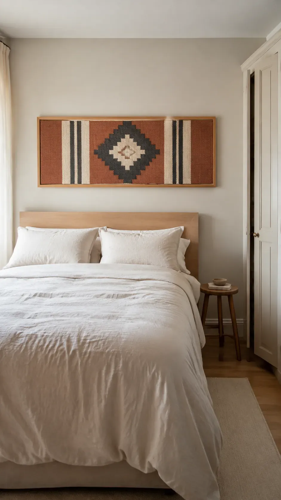 Large woven geometric artwork positioned above a bedroom headboard