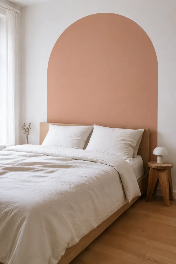 Dusty peach arch wall decal centered behind a light oak bed