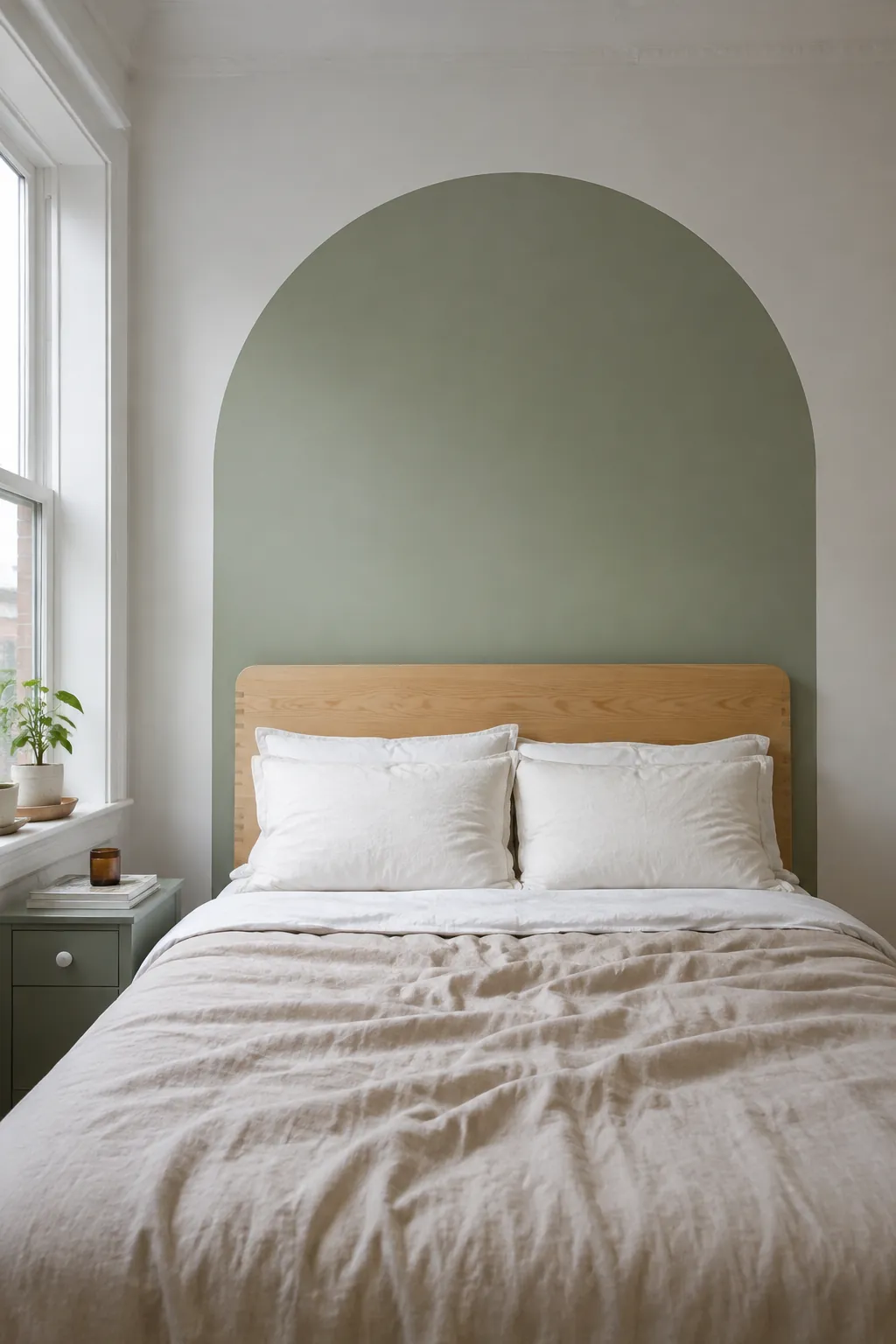 Sage arch decal visible behind a low wooden headboard