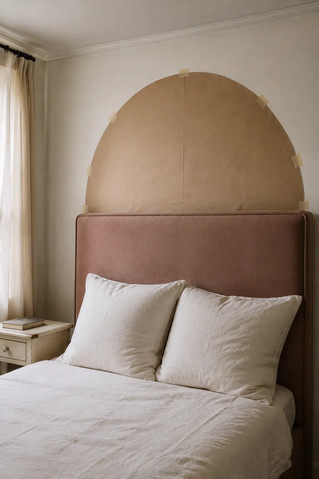 Full size paper arch mockup showing the curve above a tall headboard