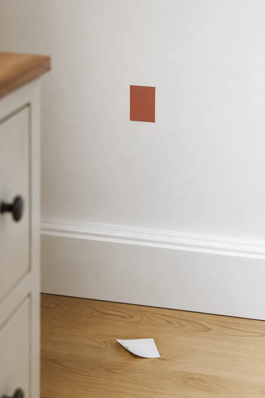 Small wall decal adhesion sample on a smooth painted bedroom wall
