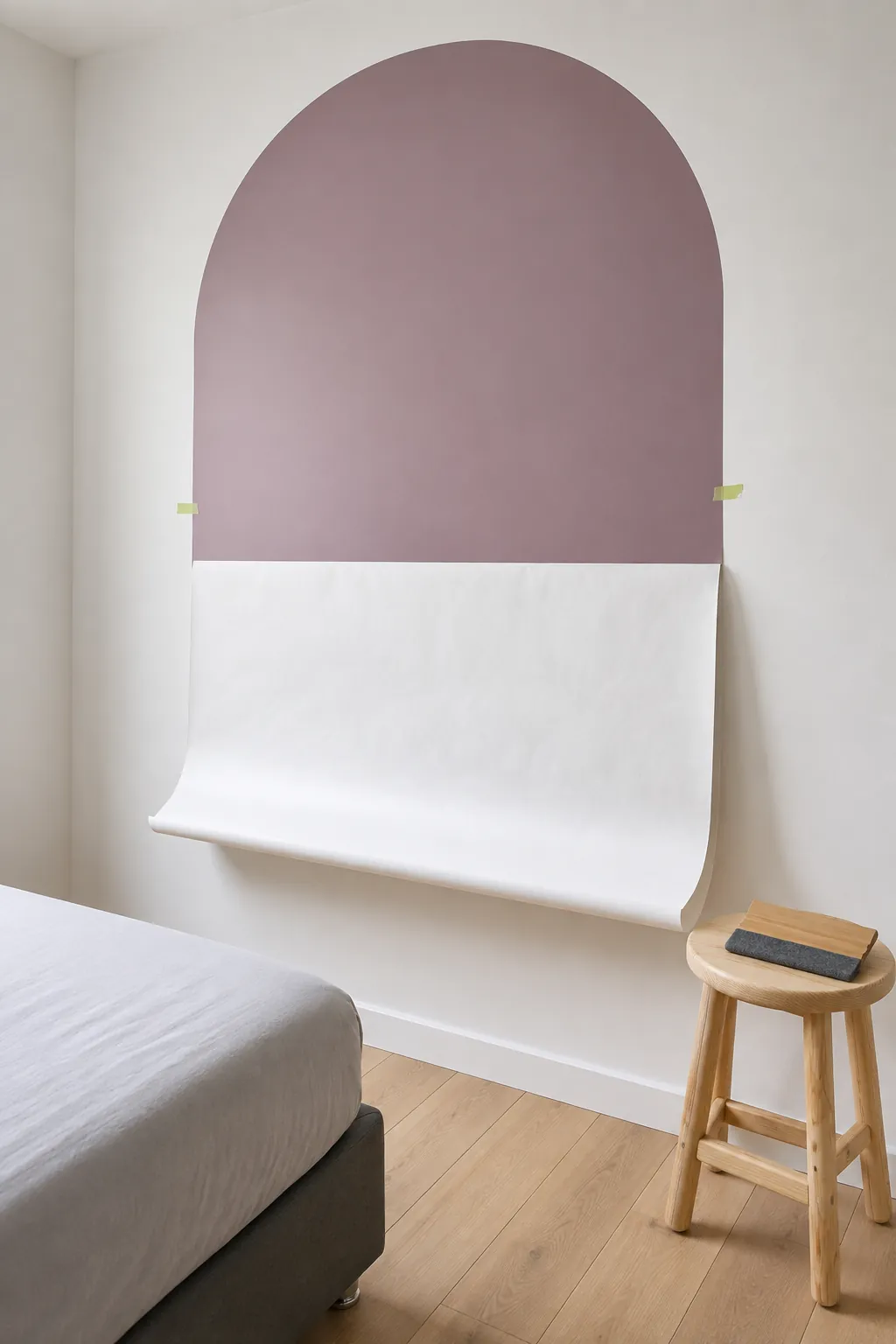 Arch decal partly applied with backing supported during installation