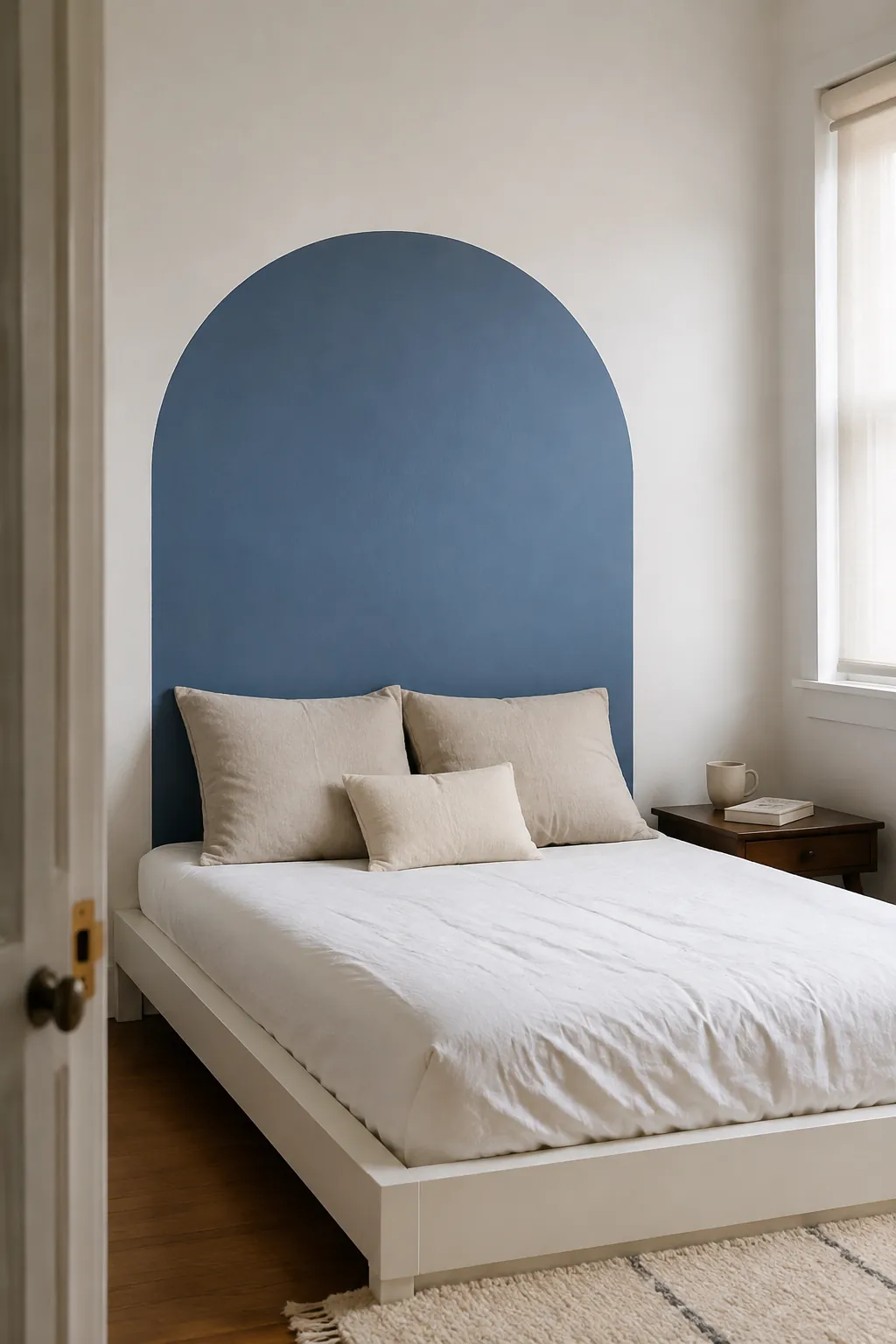 Finished muted blue arch wall decal centered behind a bed