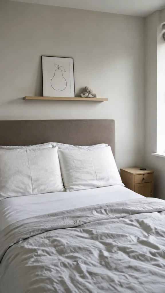 Sparse oak shelf with a charcoal pear print above a taupe headboard