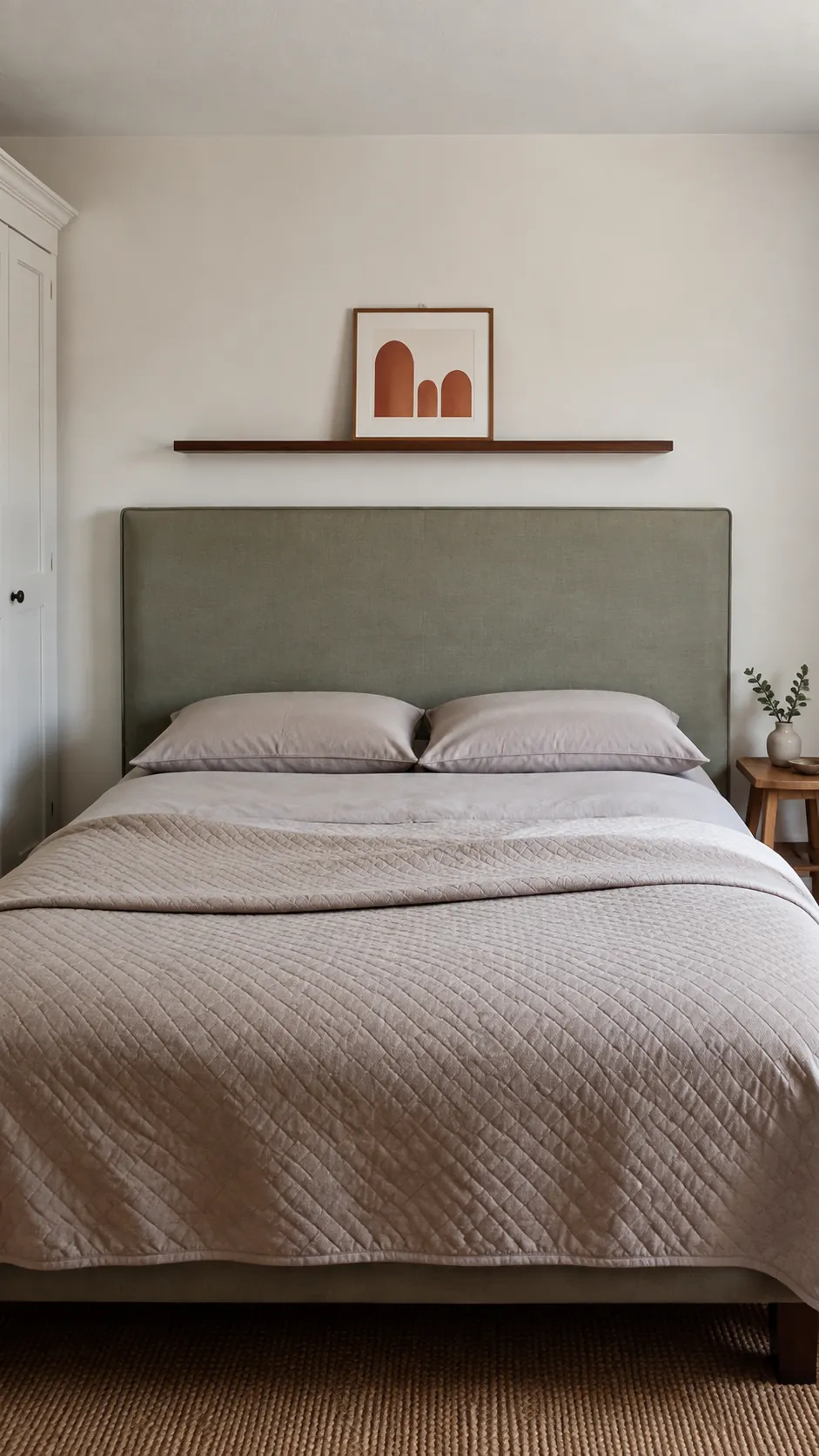Centered walnut ledge narrower than a wide upholstered headboard