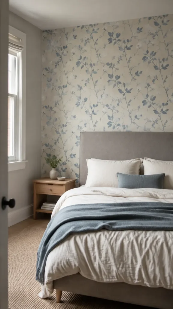 Dusty blue climbing vine wallpaper behind a mushroom gray headboard