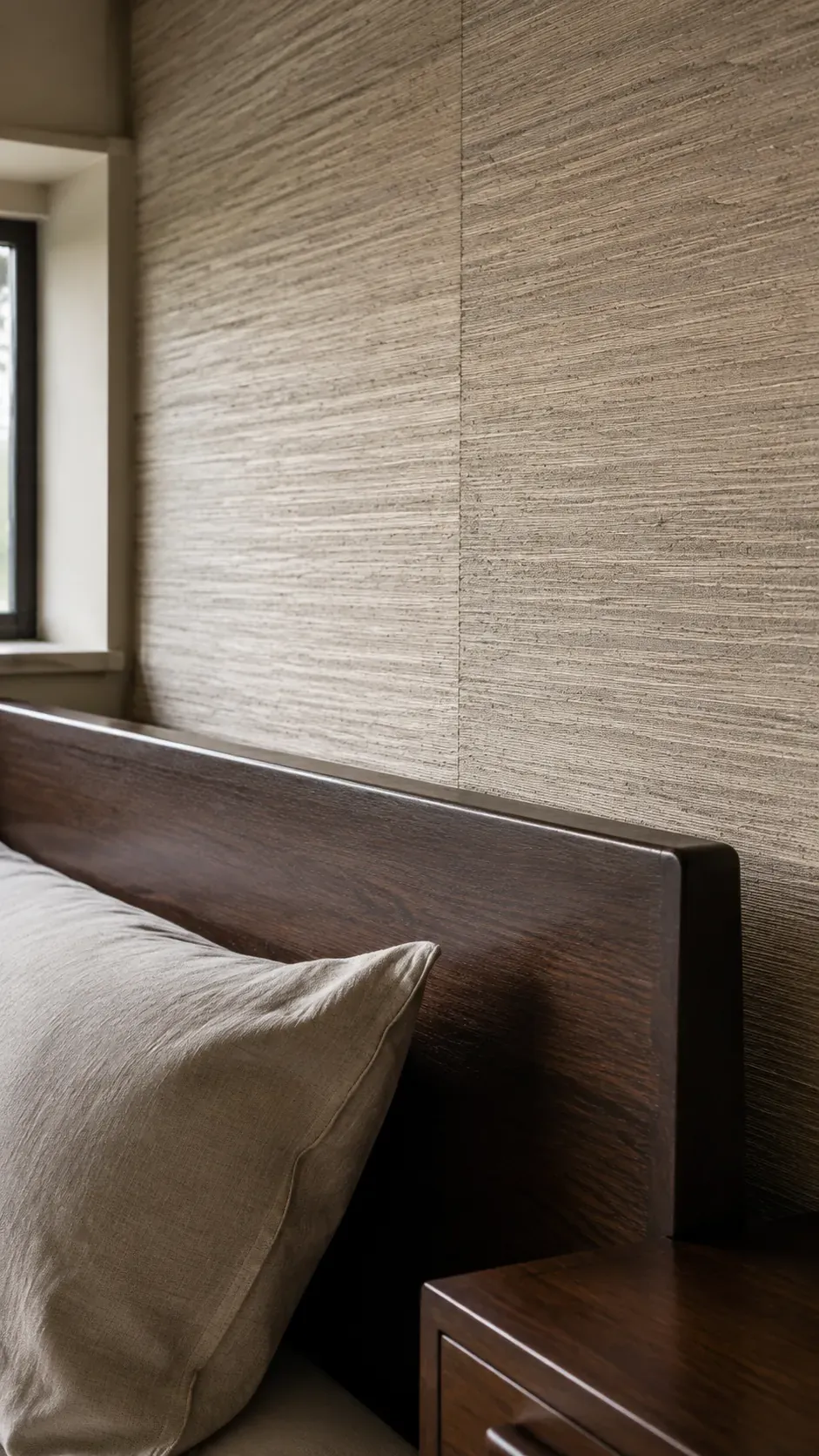 Natural grasscloth texture beside a dark teak headboard