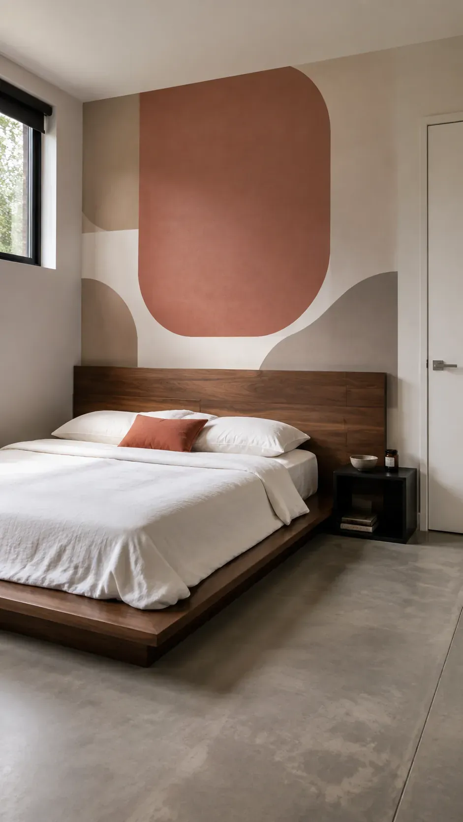 Dusty clay geometric wallpaper behind a low walnut platform bed
