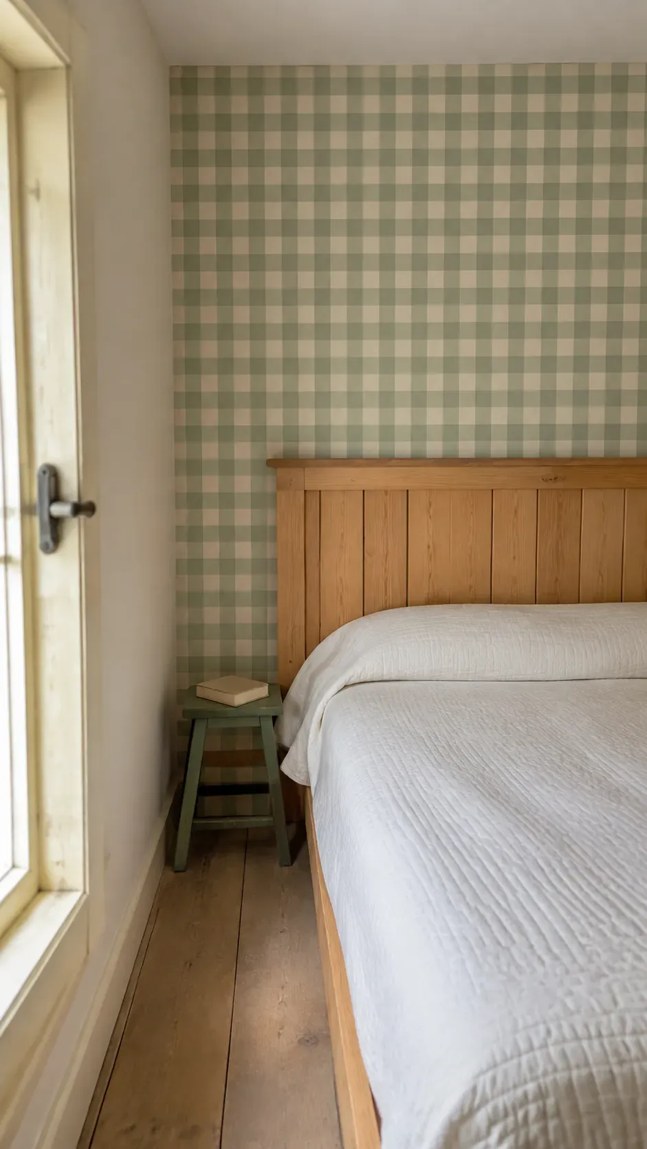 Muted sage gingham wallpaper behind a simple pine bed