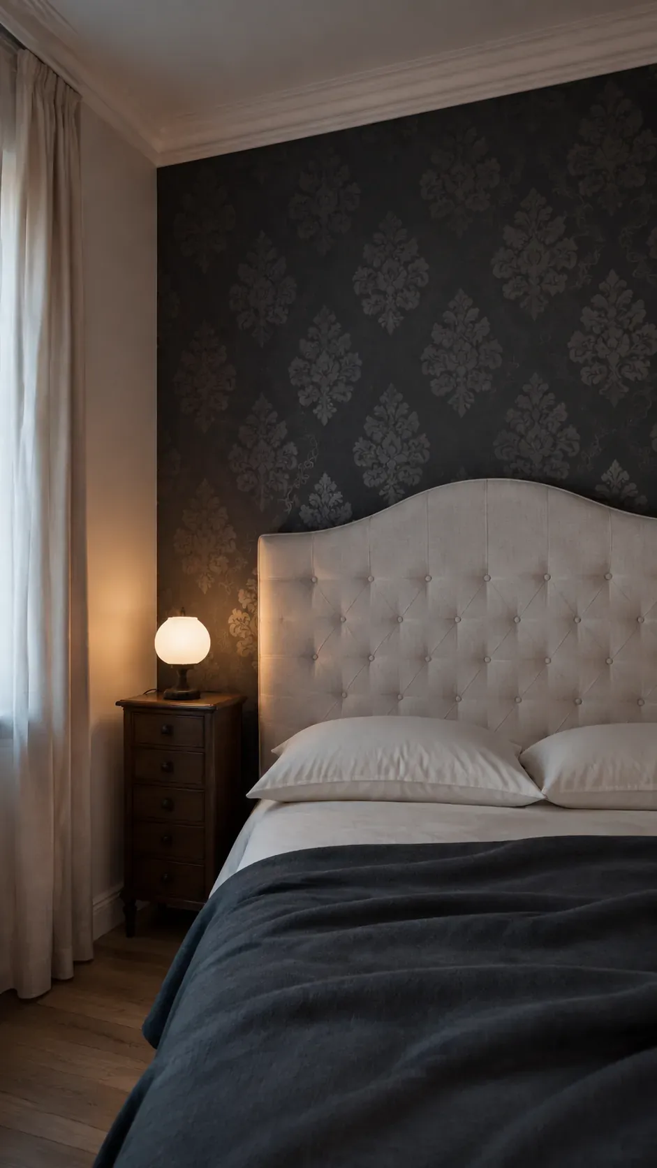 Subdued charcoal damask wallpaper contrasting with a pale tufted headboard