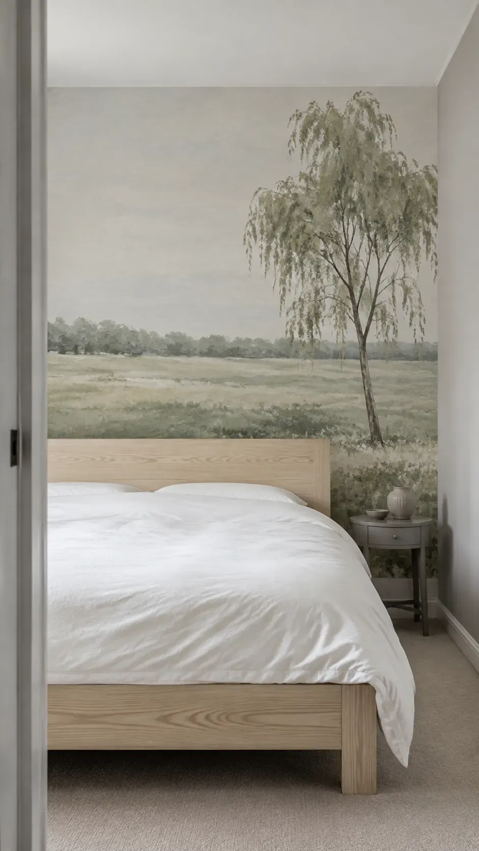 Soft meadow landscape mural visible above a low ash bed