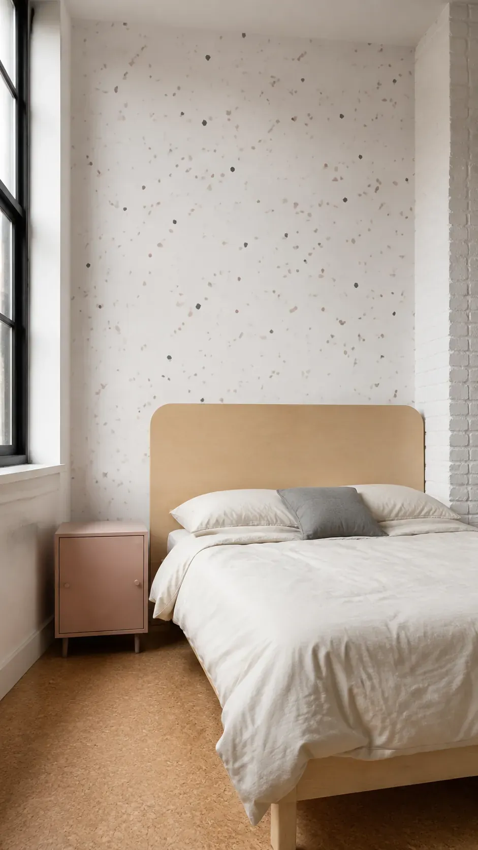 Sparse terrazzo effect wallpaper behind a pale maple headboard