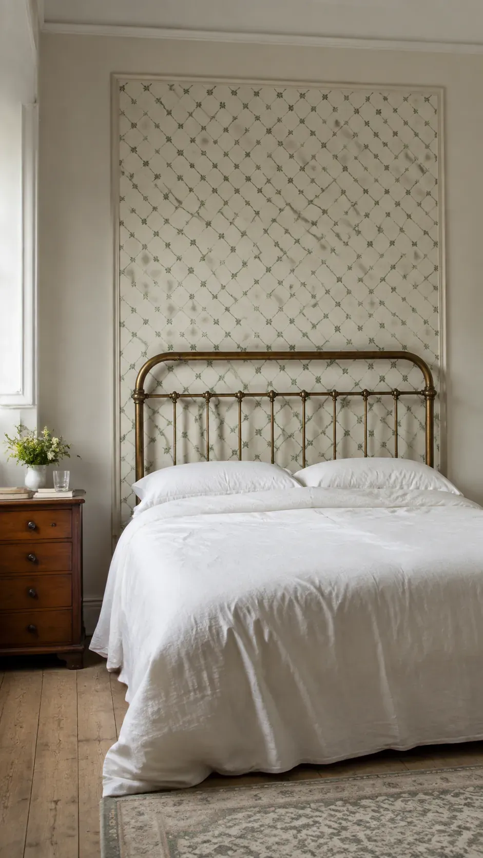 Trellis wallpaper panel within painted trim behind a brass bed