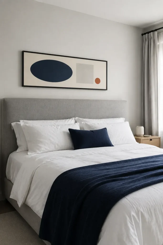 Wide abstract print proportioned above a gray king headboard