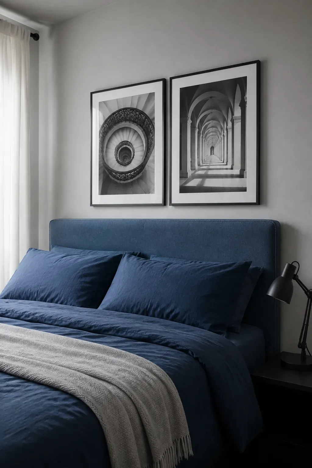 Two architecture photographs evenly spaced above a blue king headboard