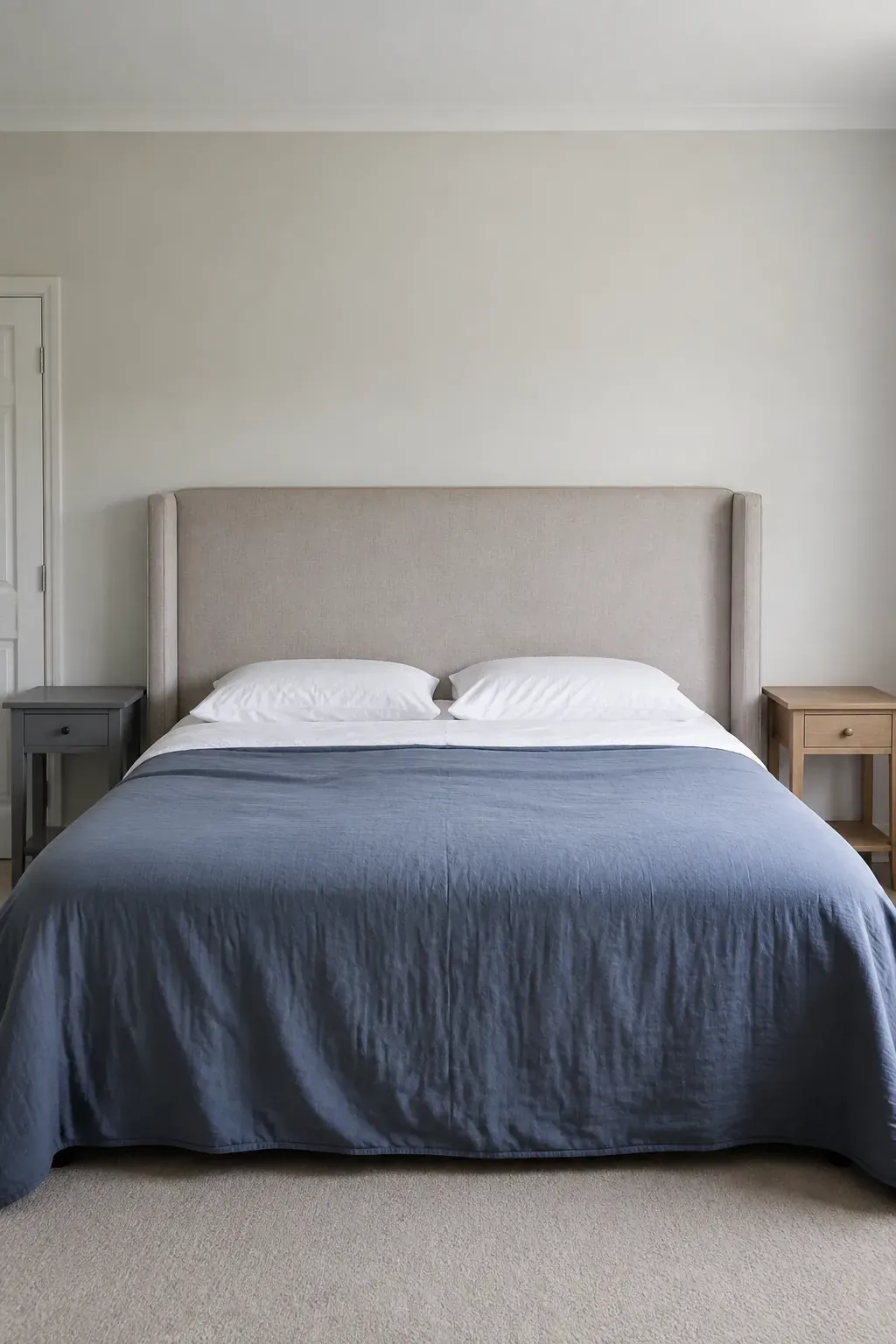 Wide upholstered king headboard used as a reference for decor size