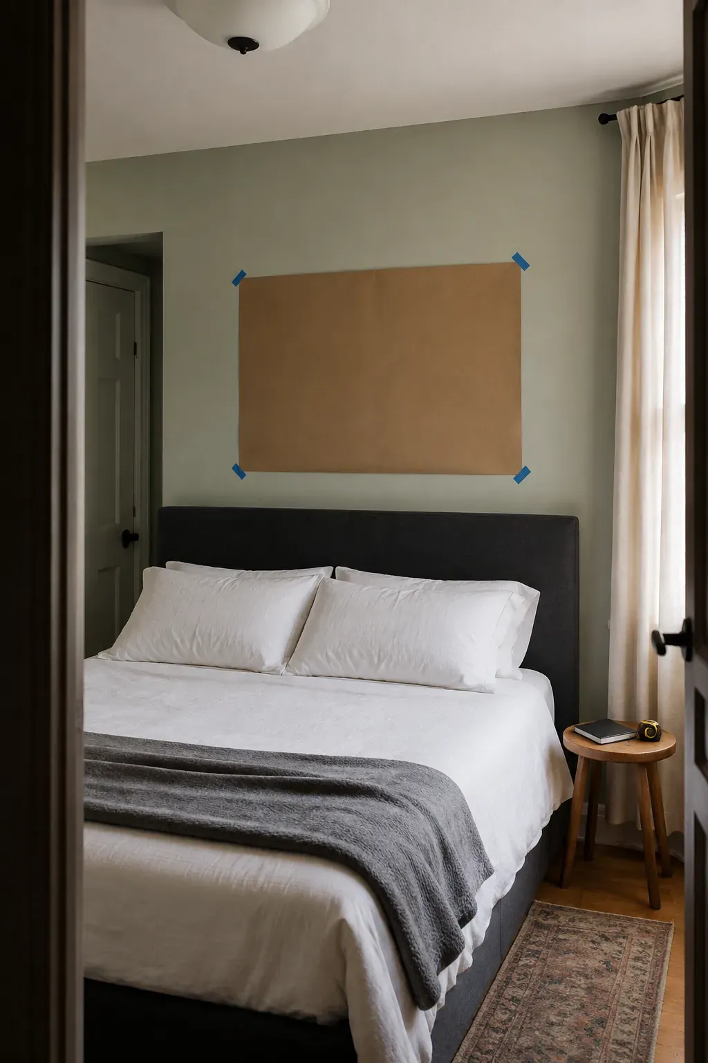 Full size paper template centered above an offset king bed