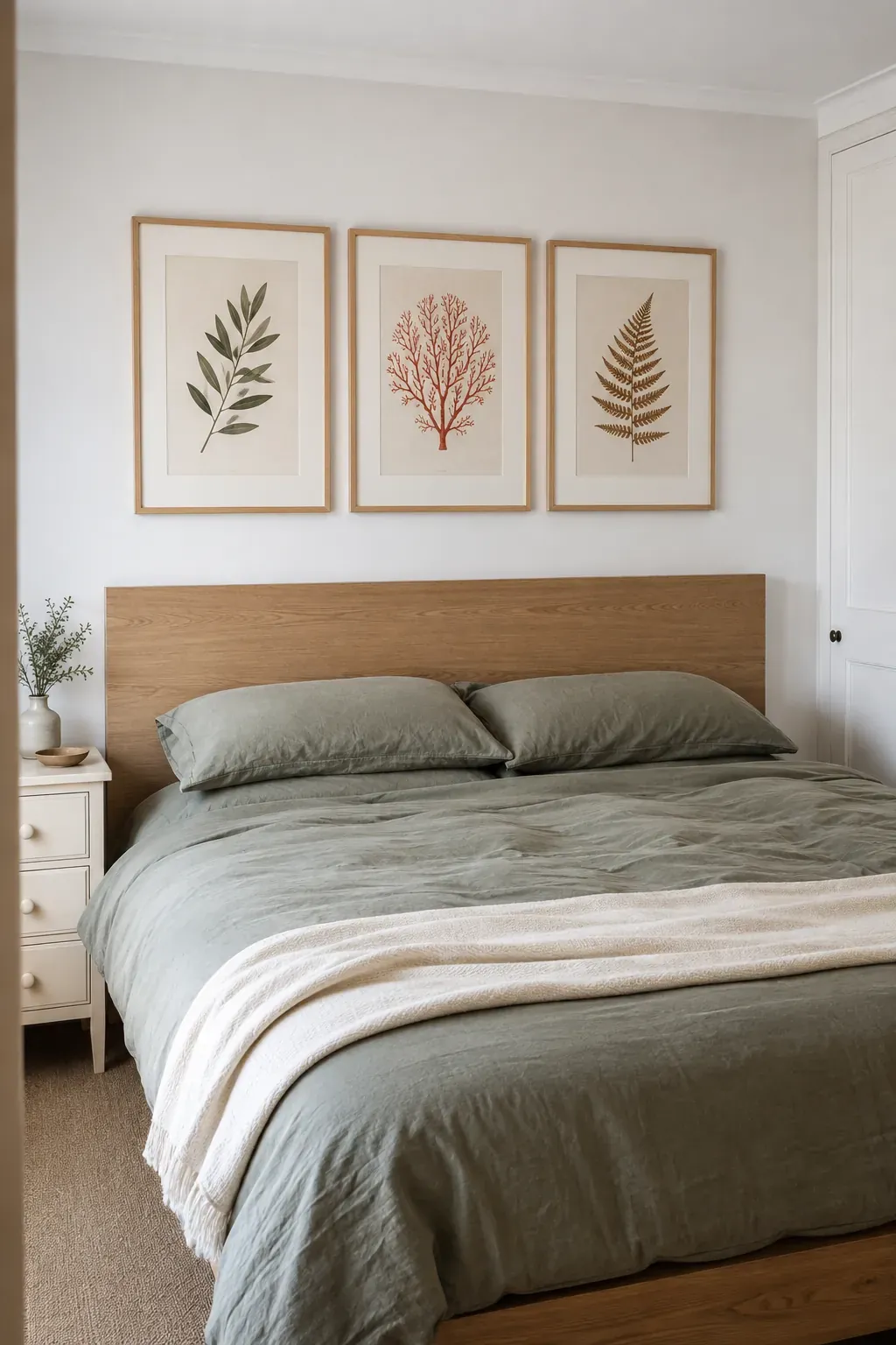 Three botanical portrait prints above a pale oak king headboard