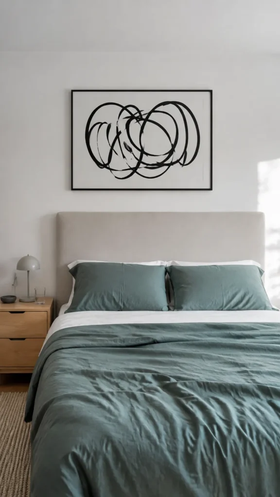 Balanced abstract ink drawing above a queen bed