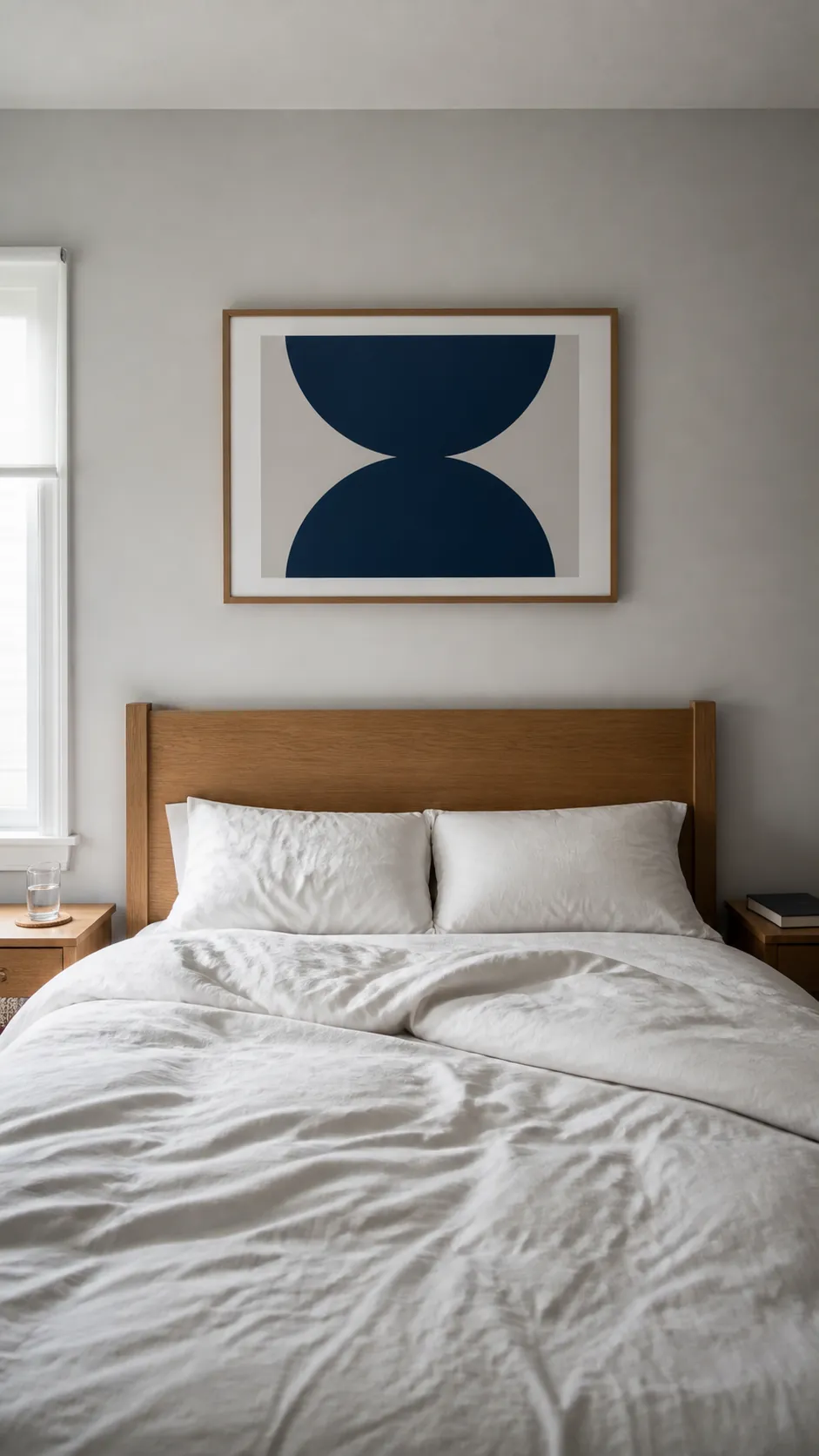 Horizontal indigo geometric print above a queen bed with an oak headboard