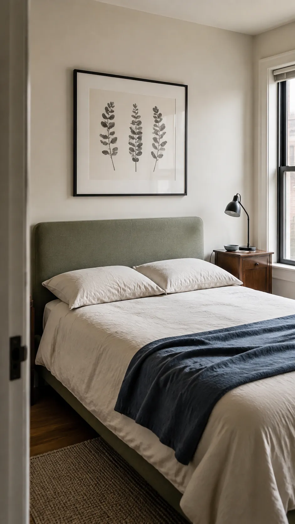 Wide framed charcoal botanical study above a queen headboard