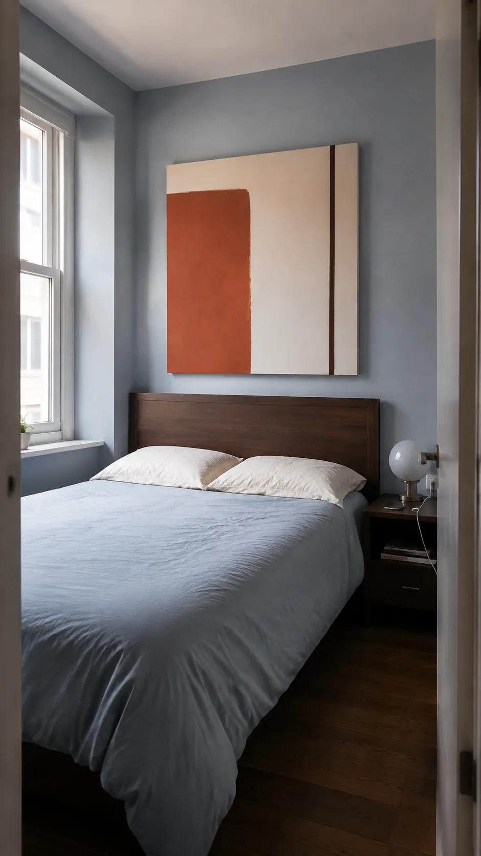 Terracotta and ivory color block canvas in a compact queen bedroom