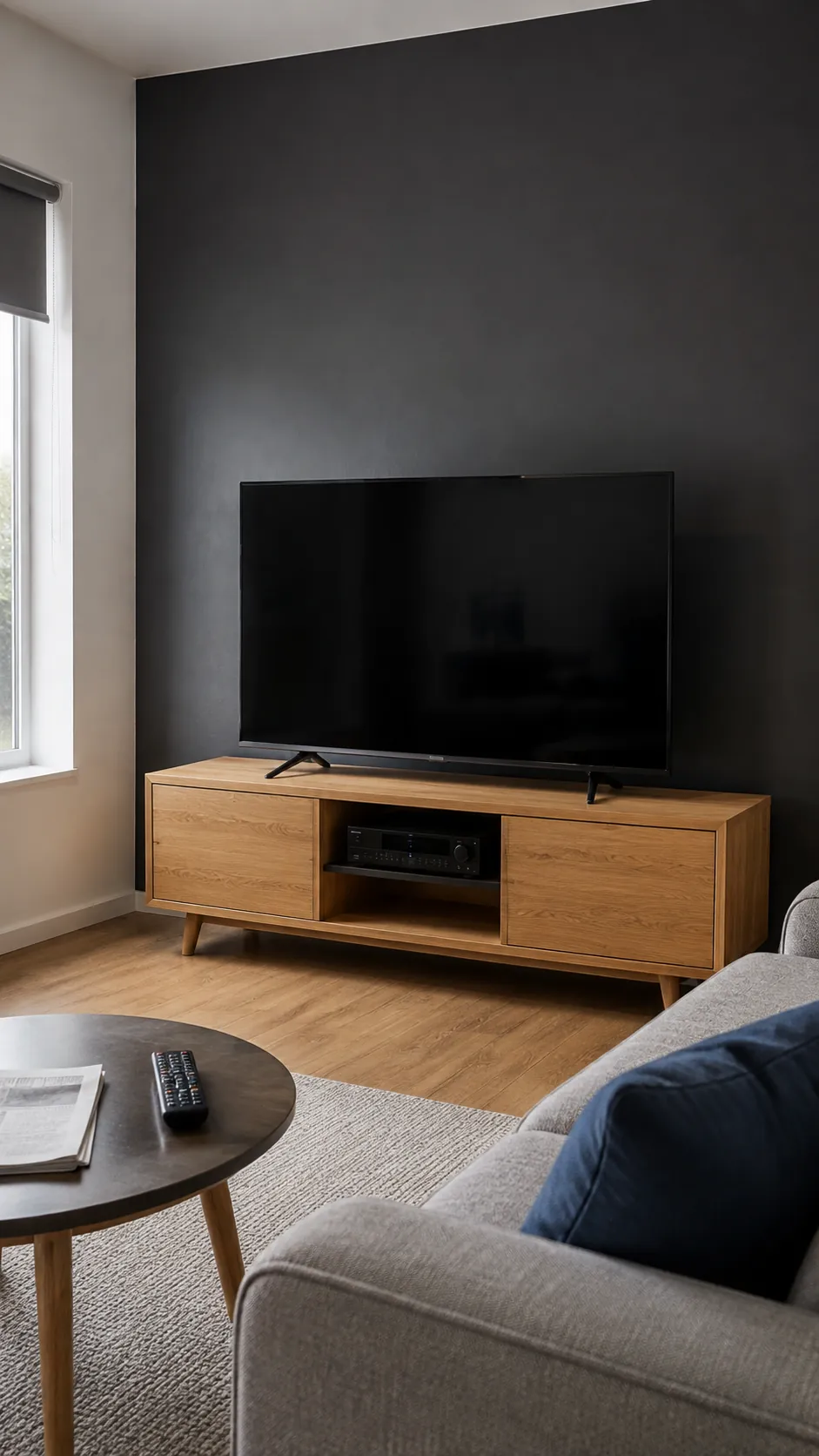 Matte charcoal paint behind a television in a lived in room