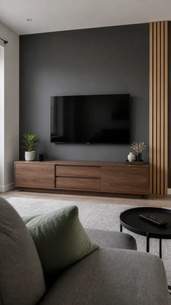 Graphite television accent wall with walnut console and a side oak panel