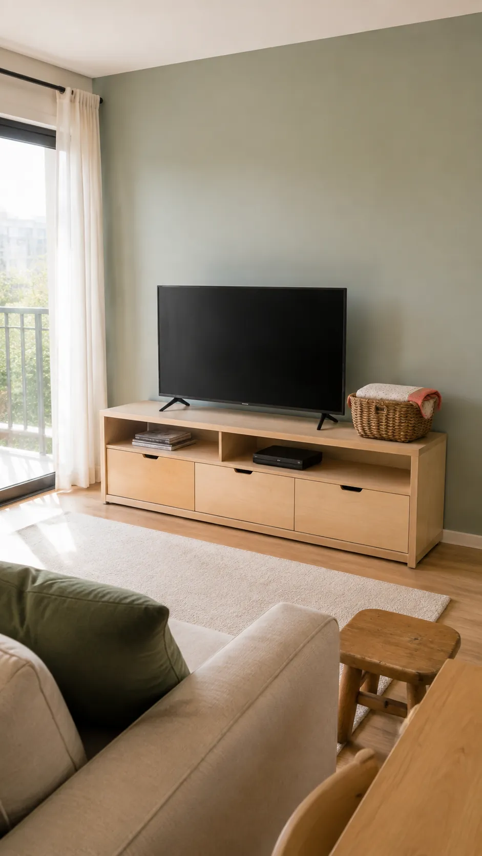 Soft sage mineral color behind a television in a lived in room