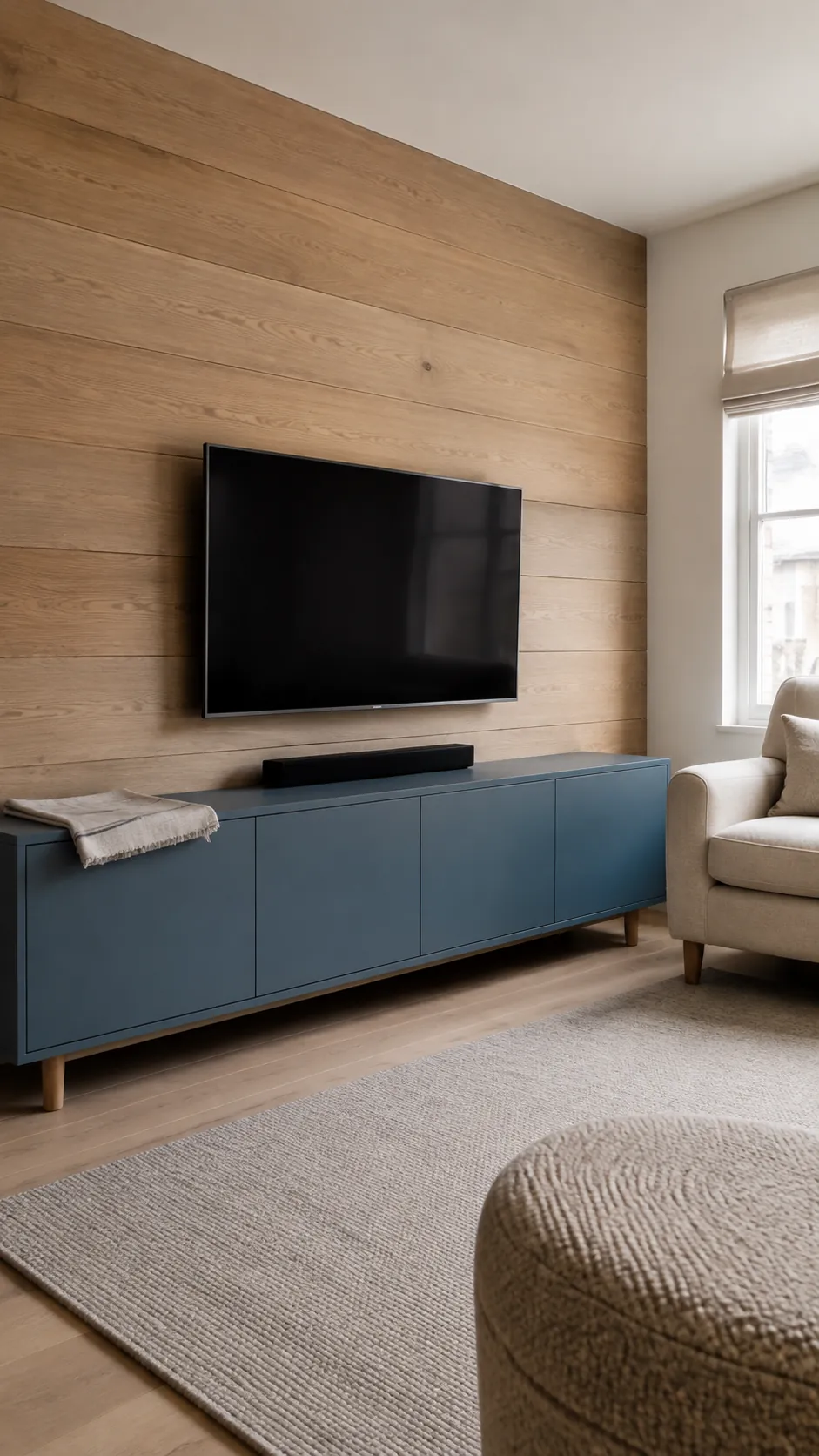 Wide horizontal oak boards behind a television in a lived in room