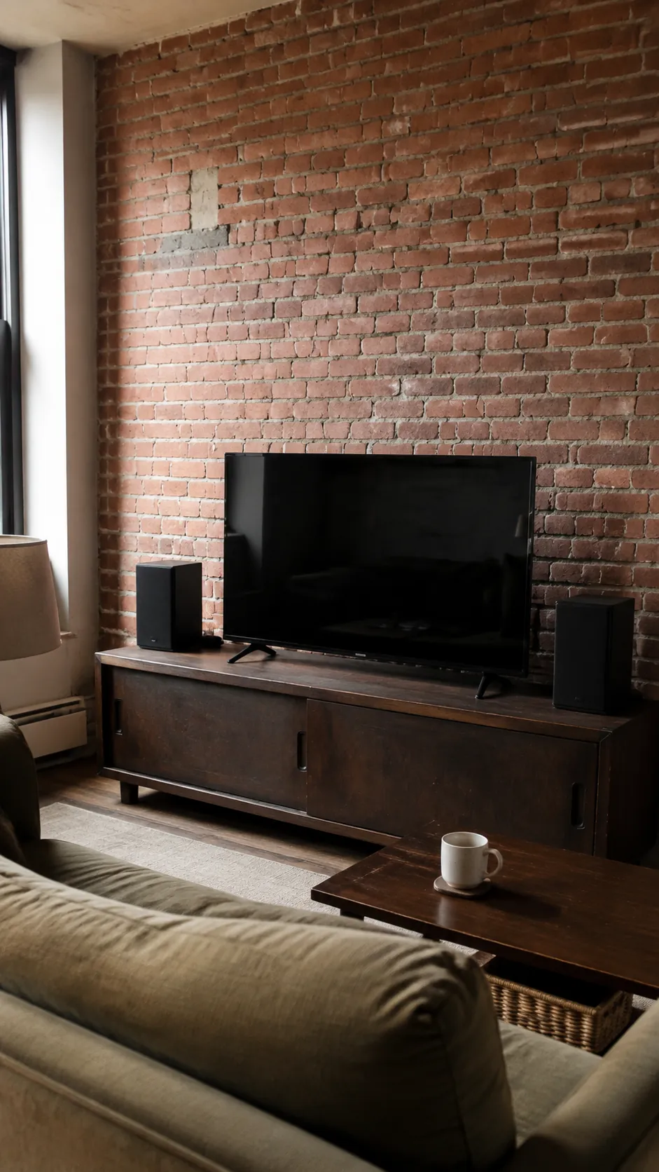 An exposed brick backdrop behind a television in a lived in room
