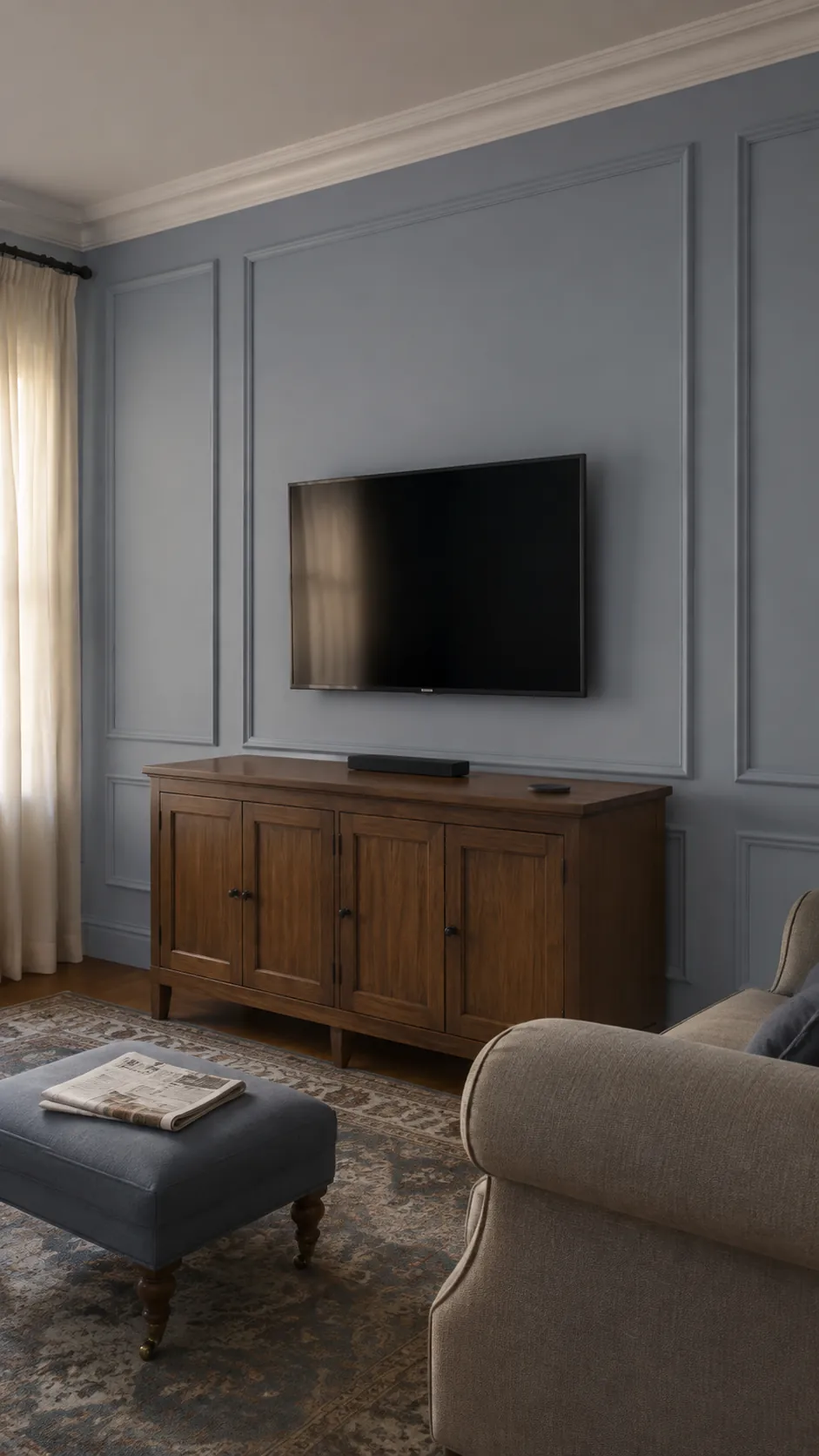 Simple picture frame molding behind a television in a lived in room
