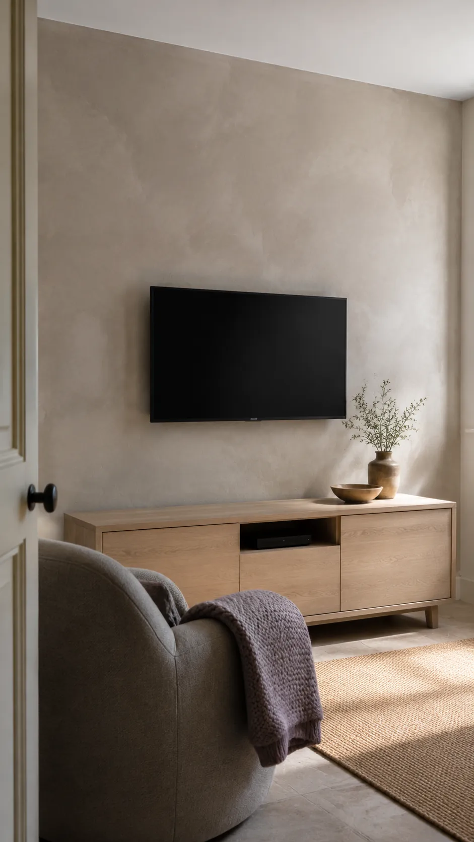 Quiet plaster texture behind a television in a lived in room