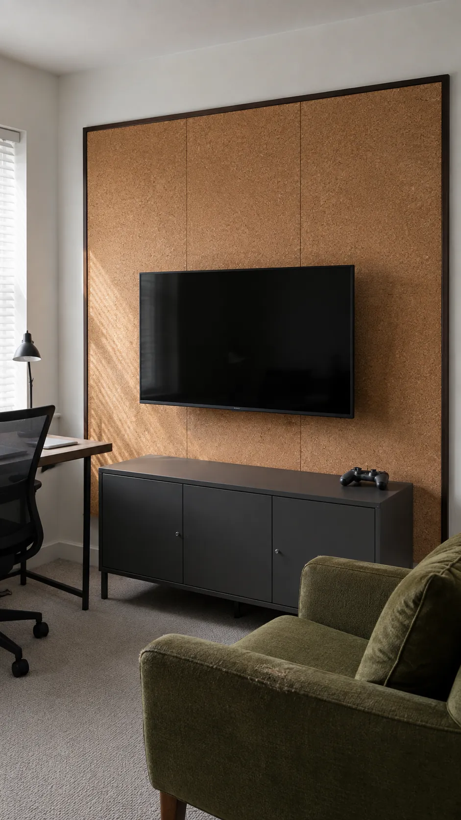 Natural cork panels behind a television in a lived in room