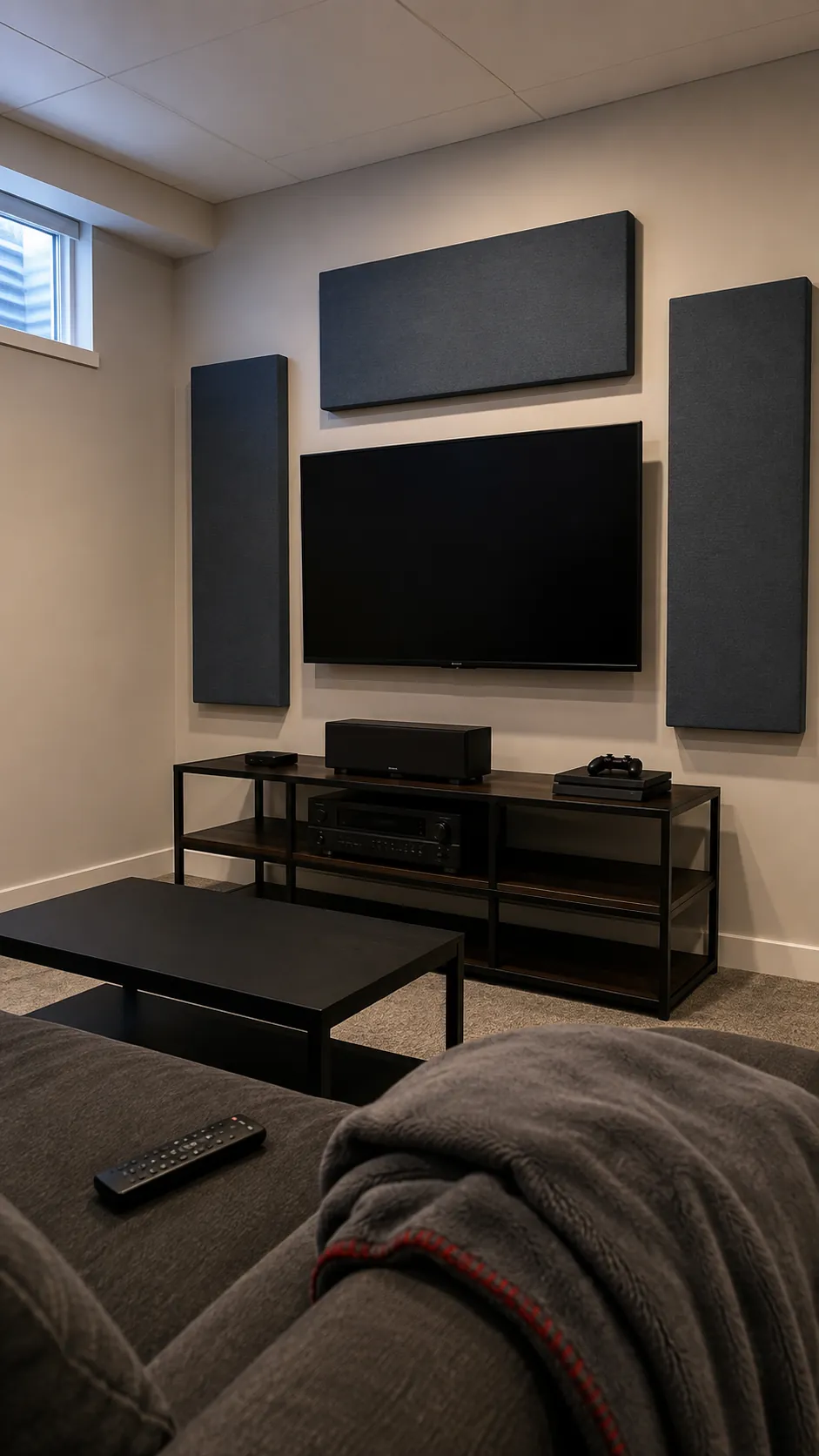 Fabric covered acoustic panels behind a television in a lived in room